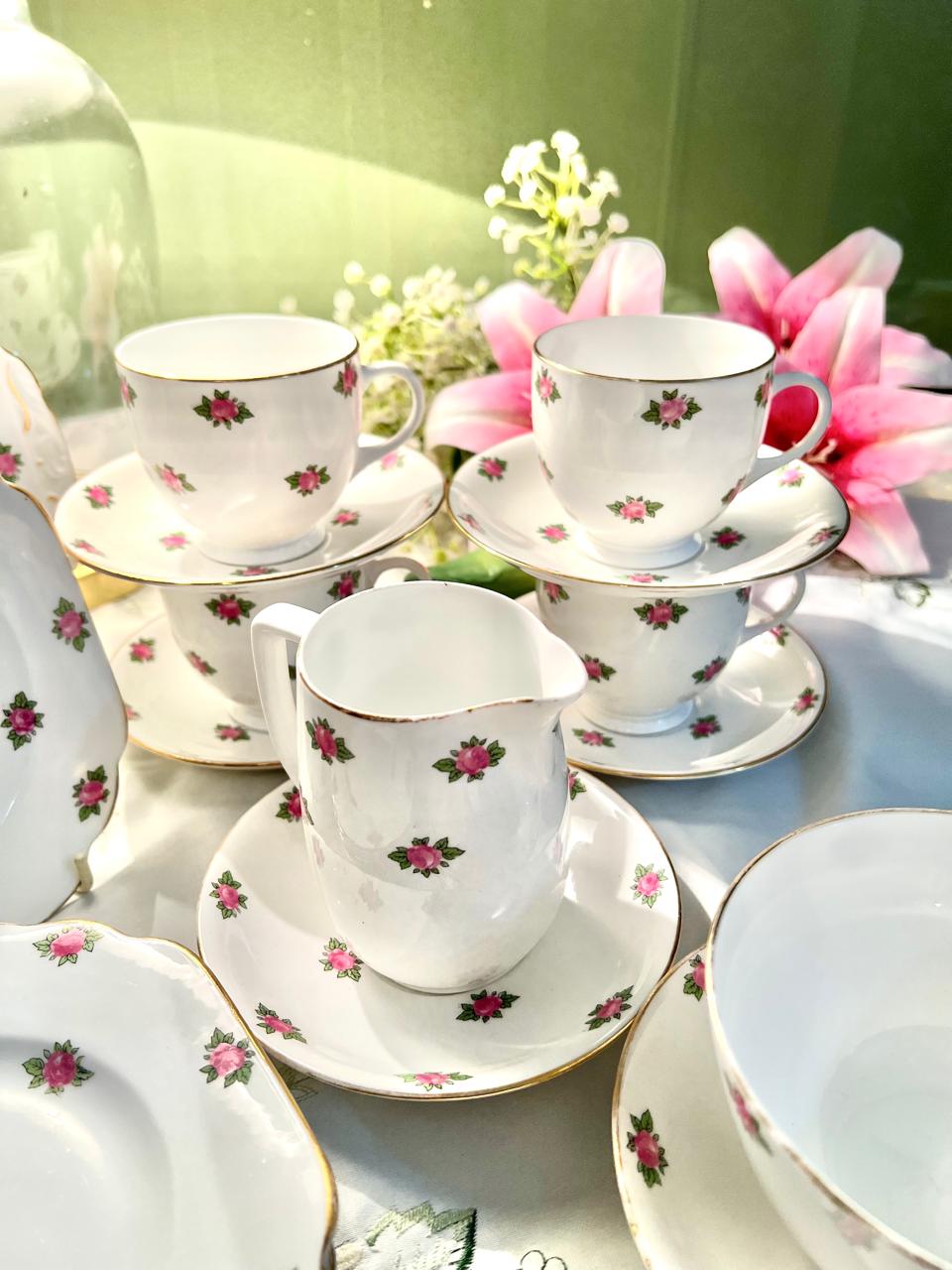 Vintage Pink Rose Tea Set with Gold Trim England