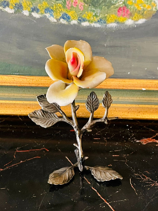 Vintage Porcelain Rose on Metal Stem – Decorative Table Figurine