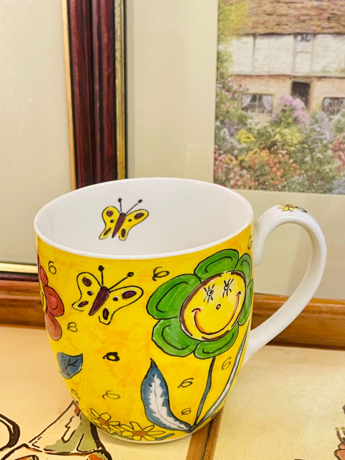 Rose of England mug, bone china mug, yellow flower mug, happy flower mug, cheerful mug, cottagecore mug, English china mug, doodle art mug, collectible mug, floral mug