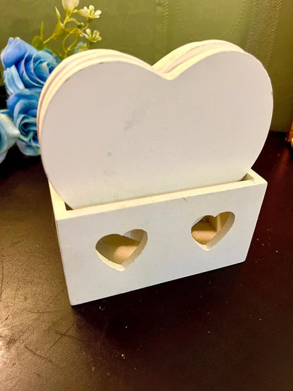 White Heart Wooden Coaster Set with Holder 5 Inch