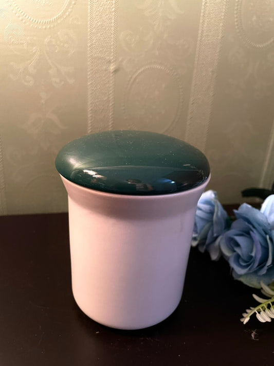 Vintage White Ceramic Storage Jar with Green Lid 4 Inch