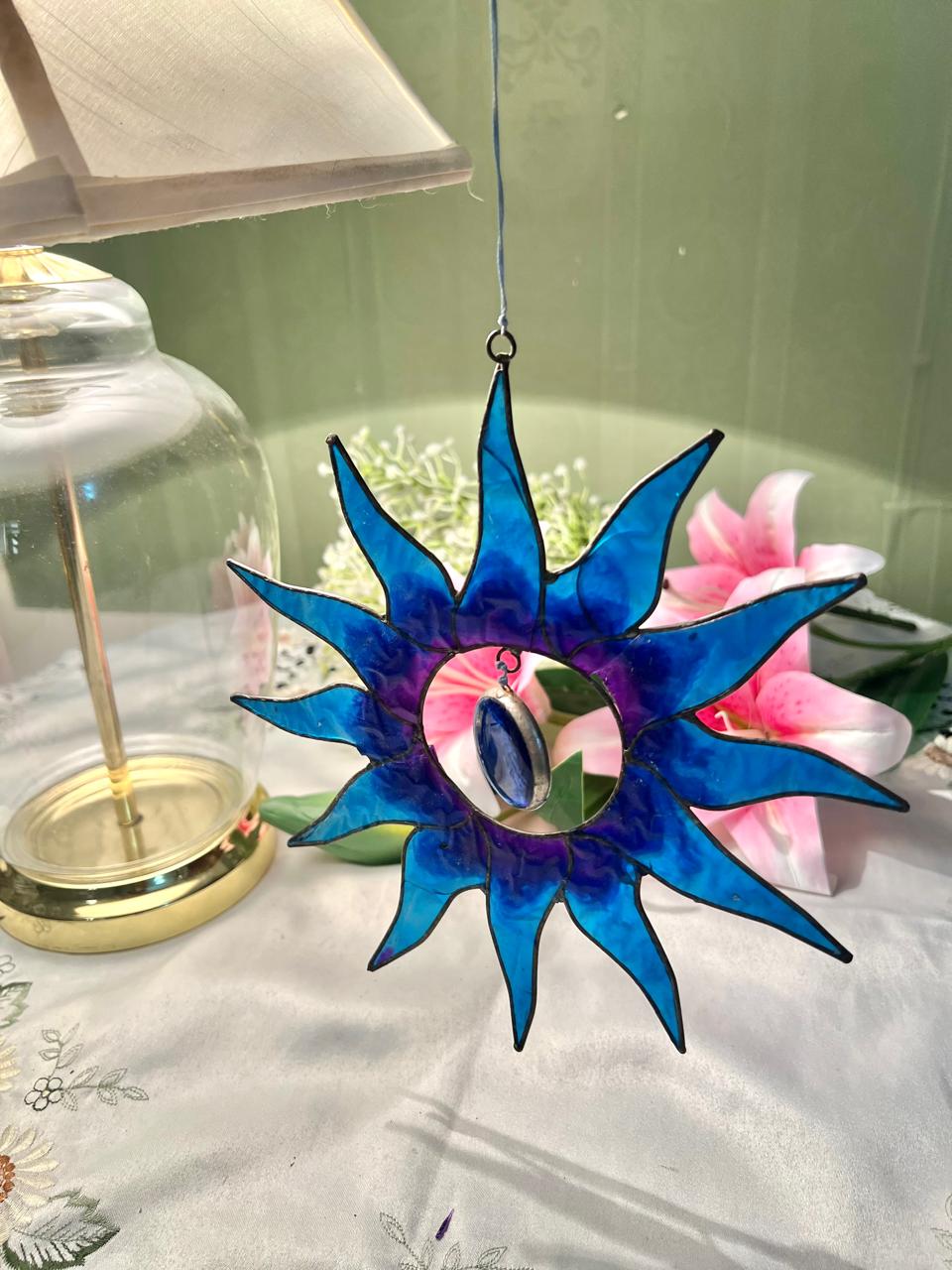 Blue Crystal Sun Hanging Ornament 8.5"