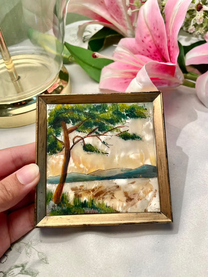 Vintage hand-painted mother-of-pearl miniature painting Framed Landscape Painting 4"inches