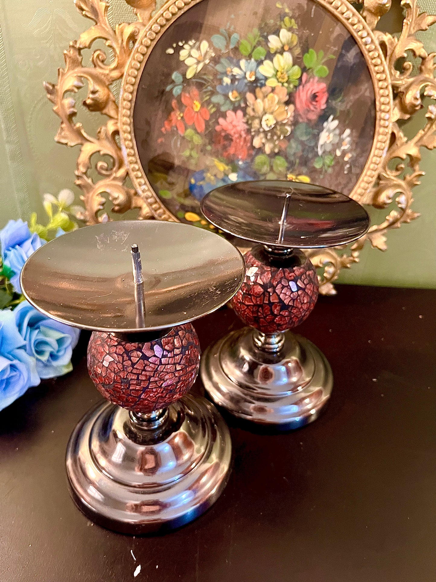 Pair of Red Mosaic Glass & Silver Pillar Candle Holders