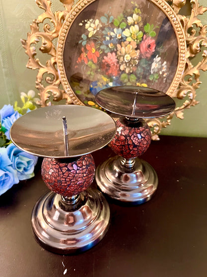 Pair of Red Mosaic Glass & Silver Pillar Candle Holders