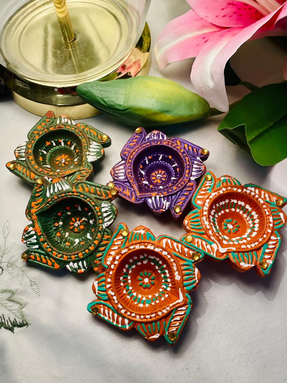 Hand-Painted Clay Diya Lamps Set of 5 – Traditional Decorative Oil Lamps