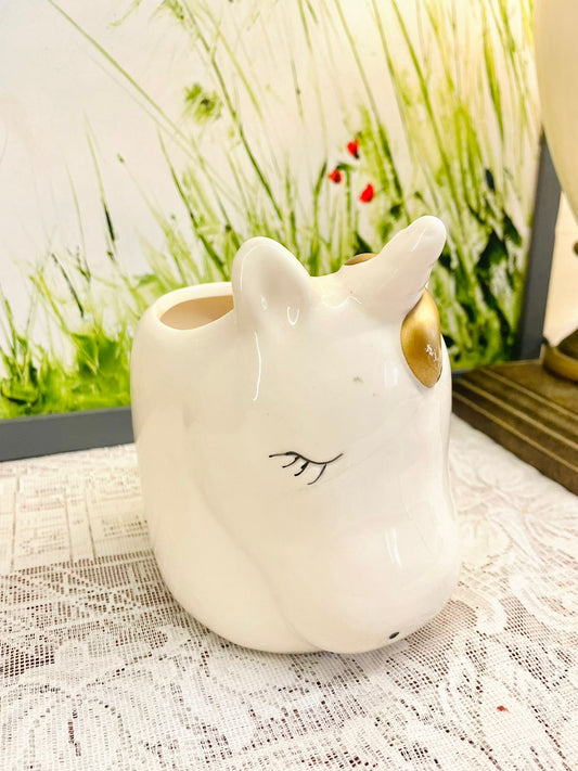 White Unicorn Ceramic Planter | Whimsical Cottage Decor