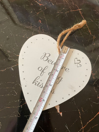 “Beware of Dog’s Kisses” White Ceramic Wall Hanging Plaque with Jute Rope