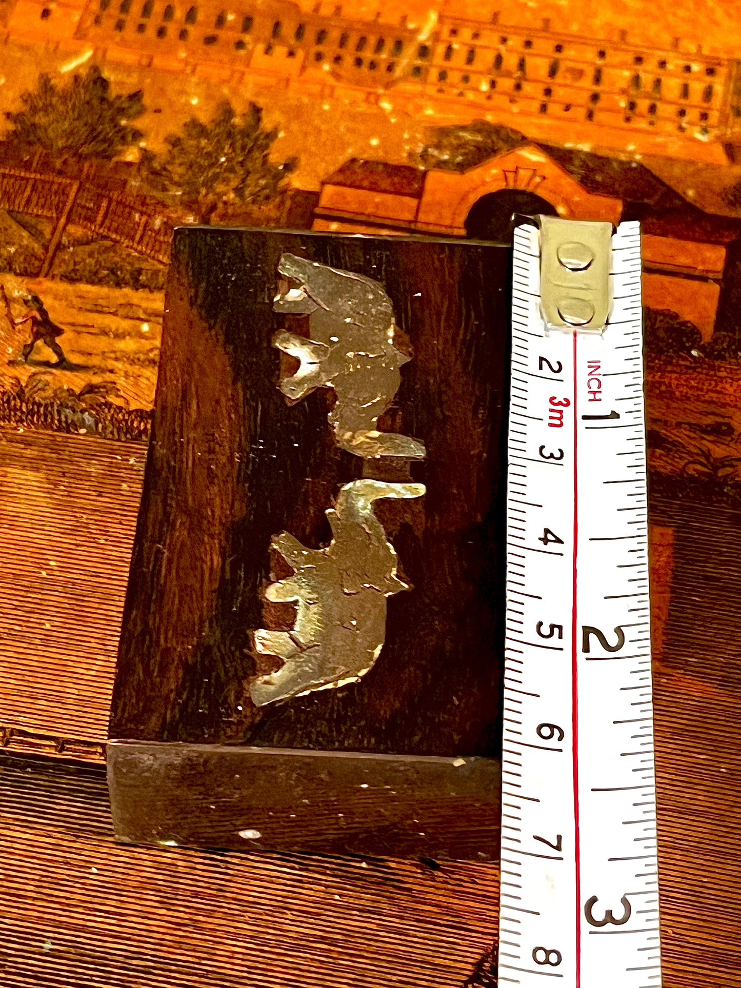 Vintage Wooden Trinket Box with Metal Elephant Inlay Small Jewellery Keepsake Box