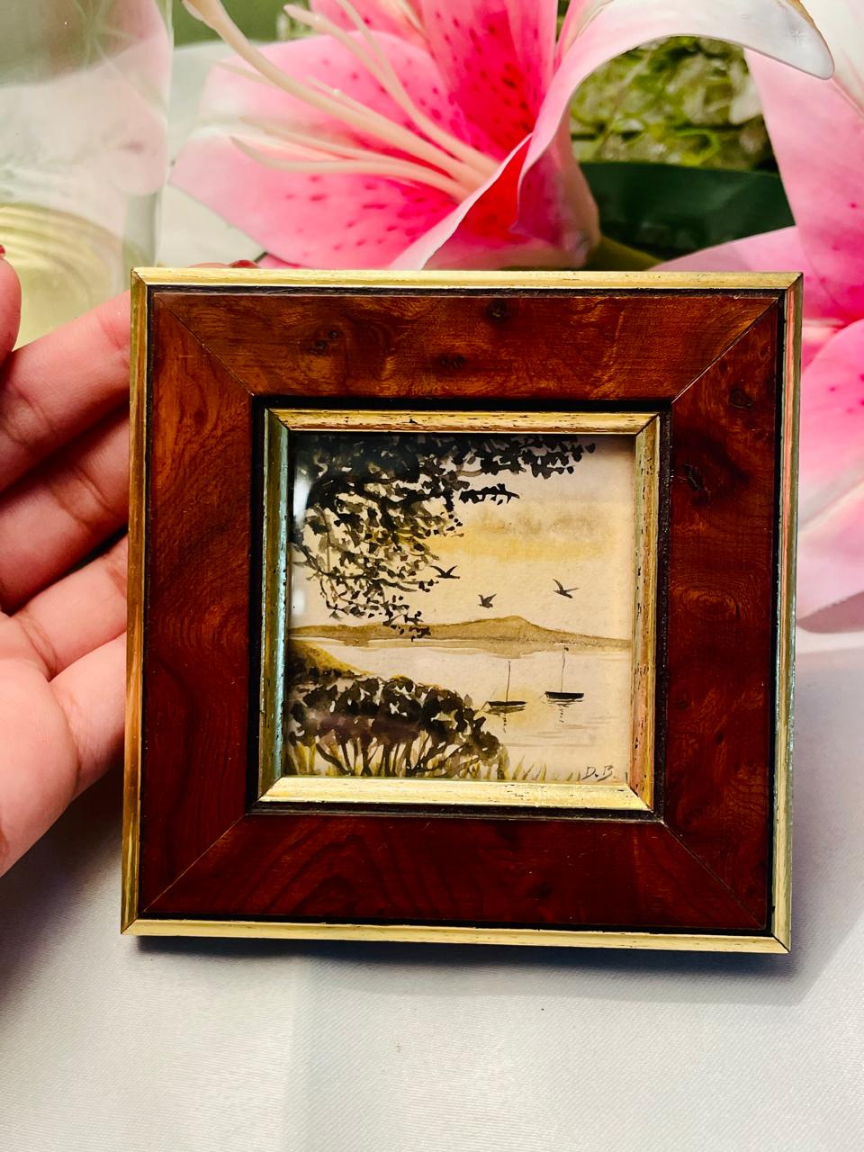 Framed Lakeside Landscape Artwork Brown Gold-Tone Frame 27 cm