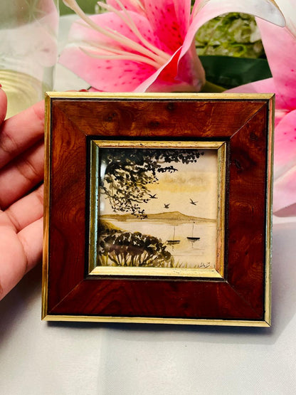 Framed Lakeside Landscape Artwork Brown Gold-Tone Frame 27 cm