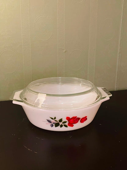 Vintage Red Rose Casserole Dish 9 Inch Glass Lid