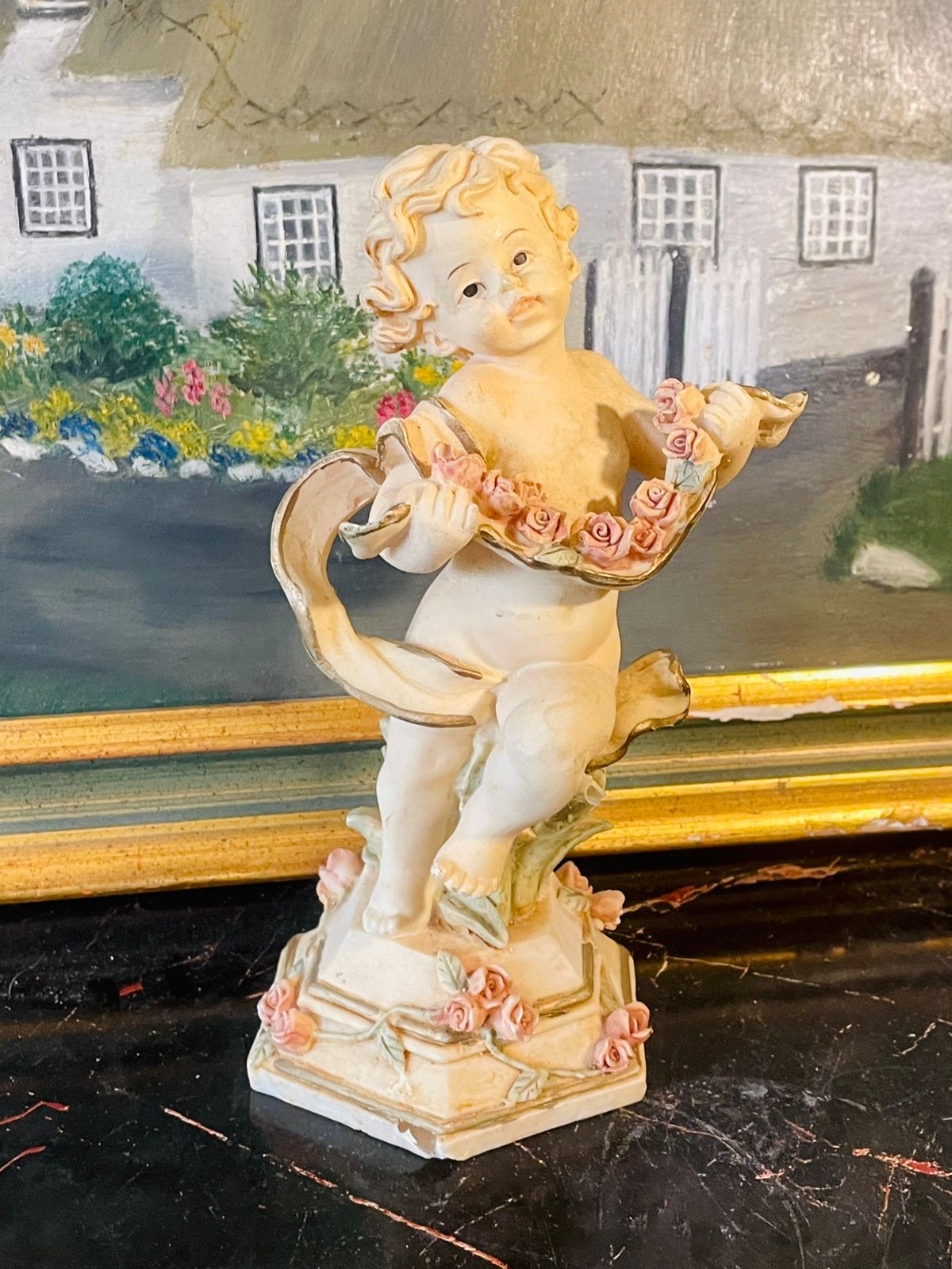 vintagecherub, angelfigurine, porcelainstatue, romanticdecor, victorianhome, roccocostyle, cottagecoredecor, pinkroses, handpaintedporcelain, vintagehomepakistan, sunsetkitchenfinds, collectiblefigurine