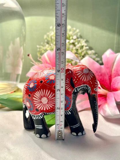 Hand-Painted Red Floral Elephant Figurine – Folk Art Decor 10 cm