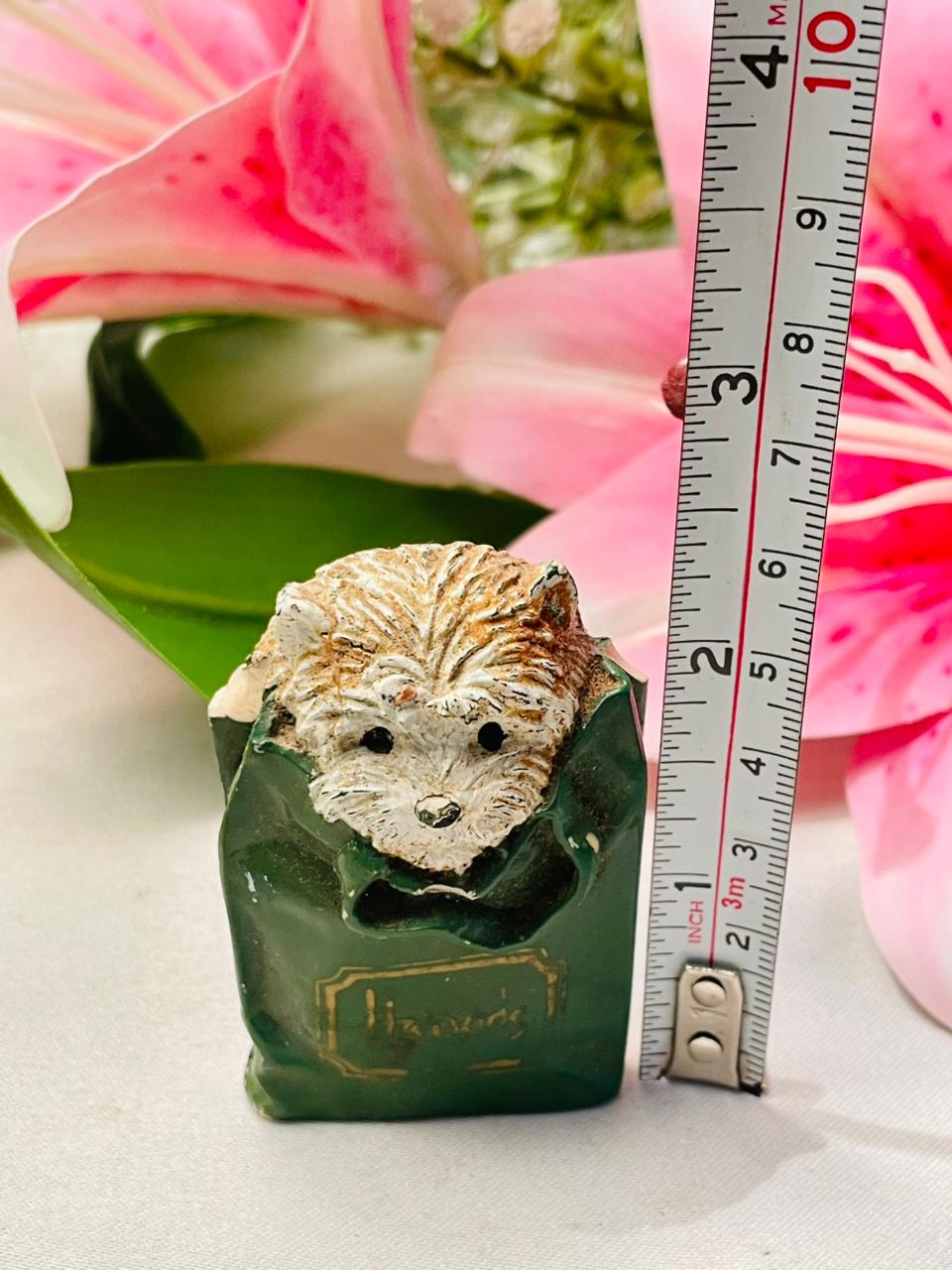 Hedgehog in Green Bag Miniature Decor 2.5 in