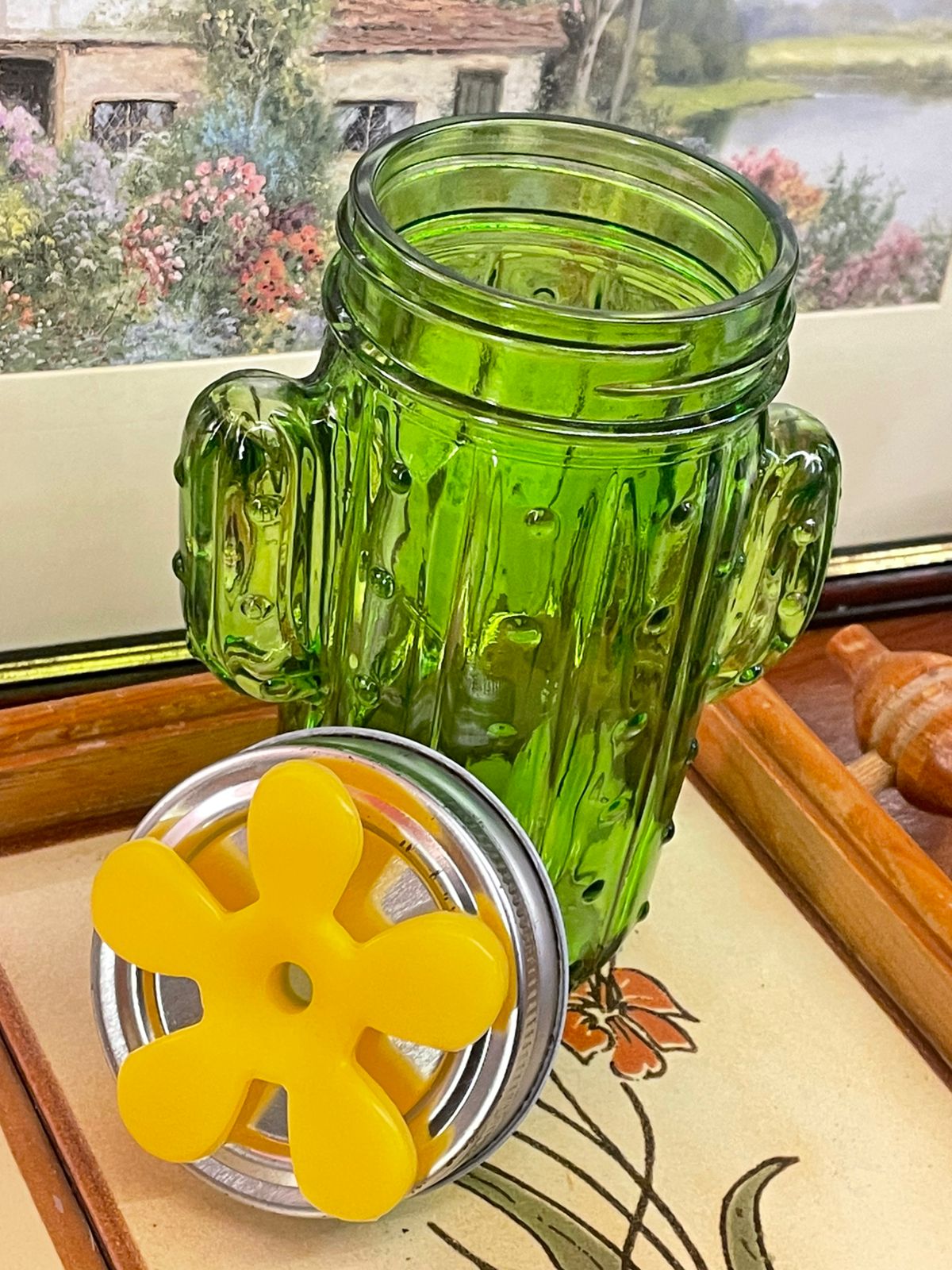 Green Cactus Glass Jar With Yellow Flower Lid, Cactus Mug