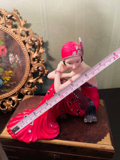 Art Deco Lady Figurine in Crimson Evening Gown Ornament