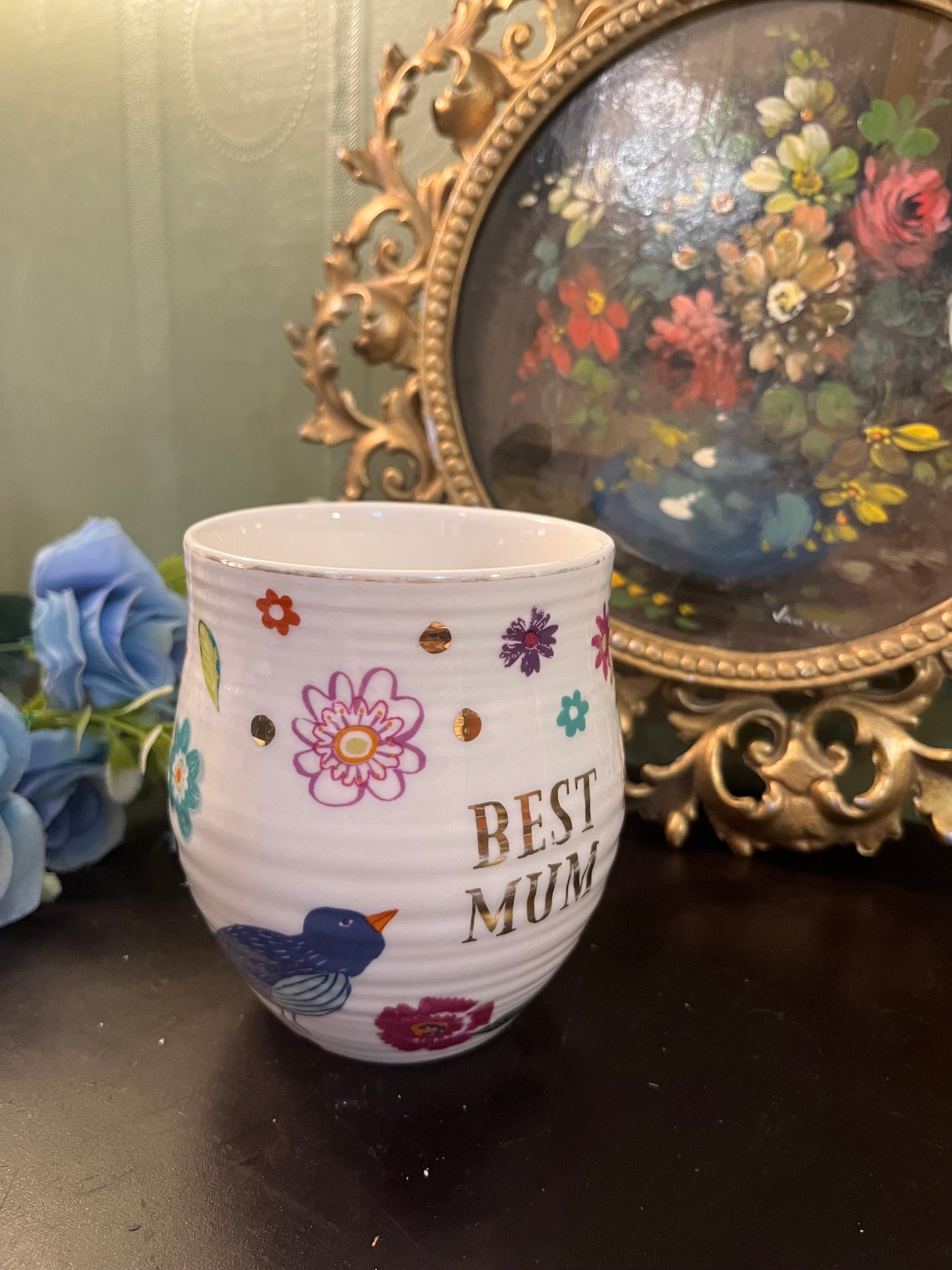 Best Mum Floral Bird Ceramic Mug with Gold Accents