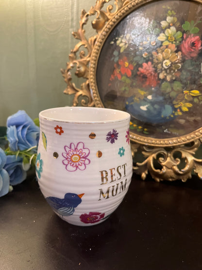 Best Mum Floral Bird Ceramic Mug with Gold Accents