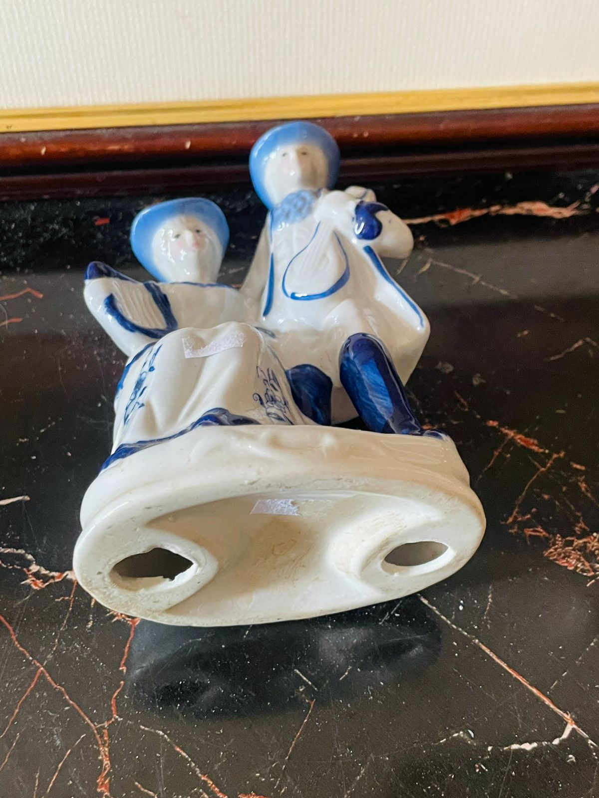 Vintage Blue and White Porcelain Colonial Couple with Musical Instruments (England) Blue Pottery Home Decor