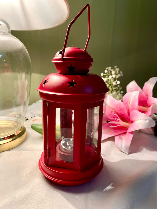 Vintage Red Metal Candle Lantern with Star Cutouts 20 cm