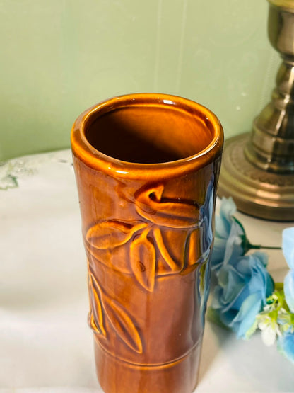 Vintage Brown Bamboo-Relief Ceramic Vase 18 cm