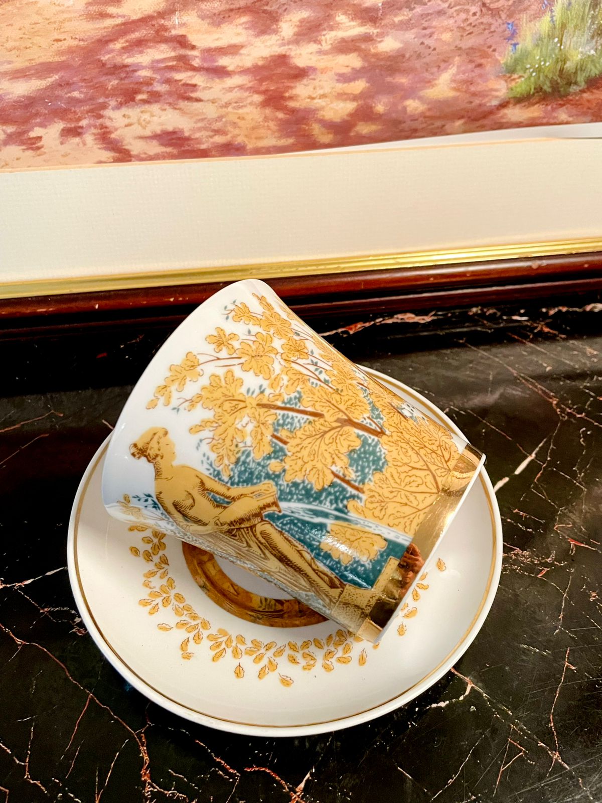 Vintage USSR Porcelain Tea Cup & Saucer – Golden Floral Design with Gilded Rim