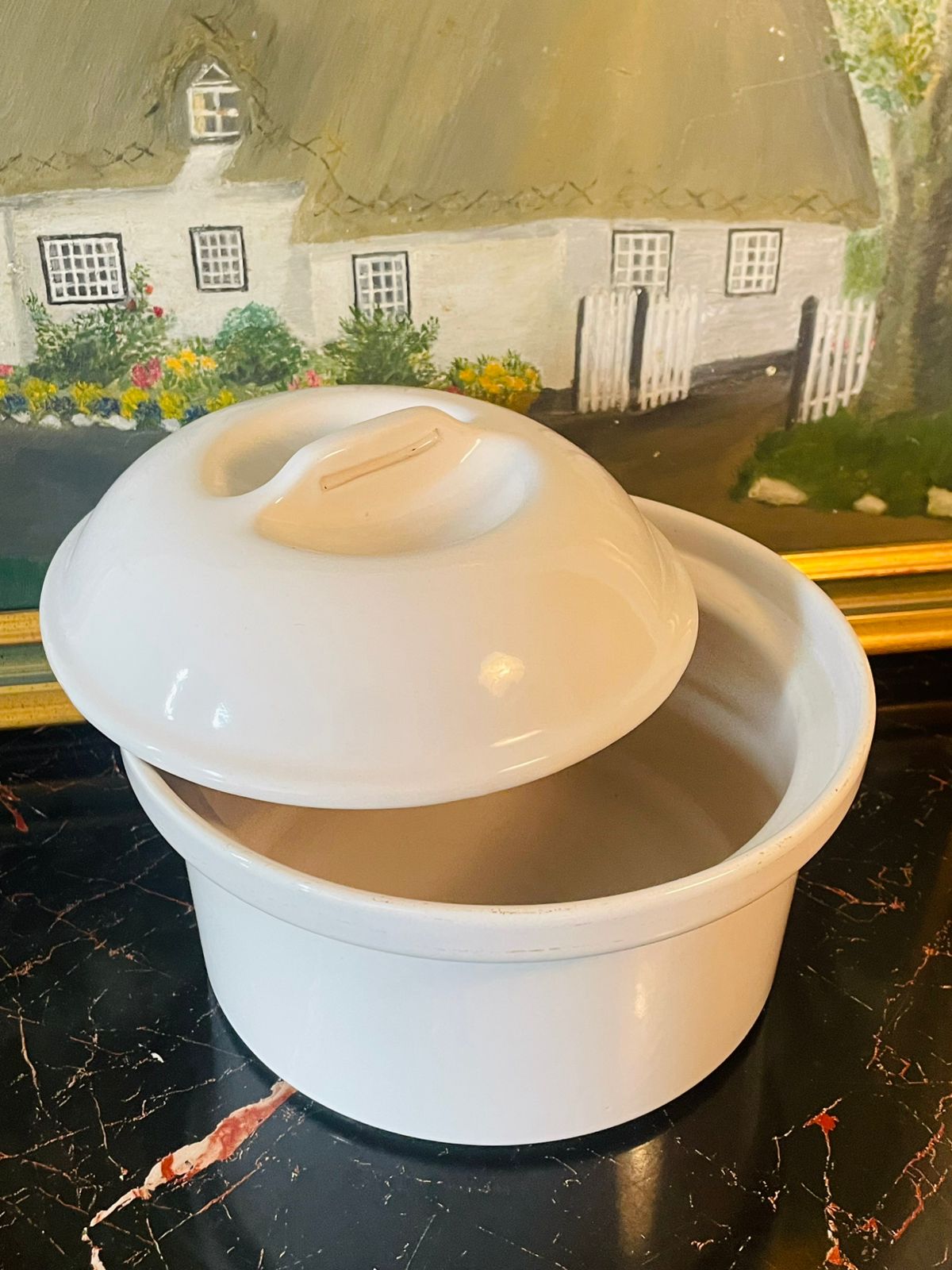 Large Oval White Apilco Porcelain Casserole Dish with Covered Lid