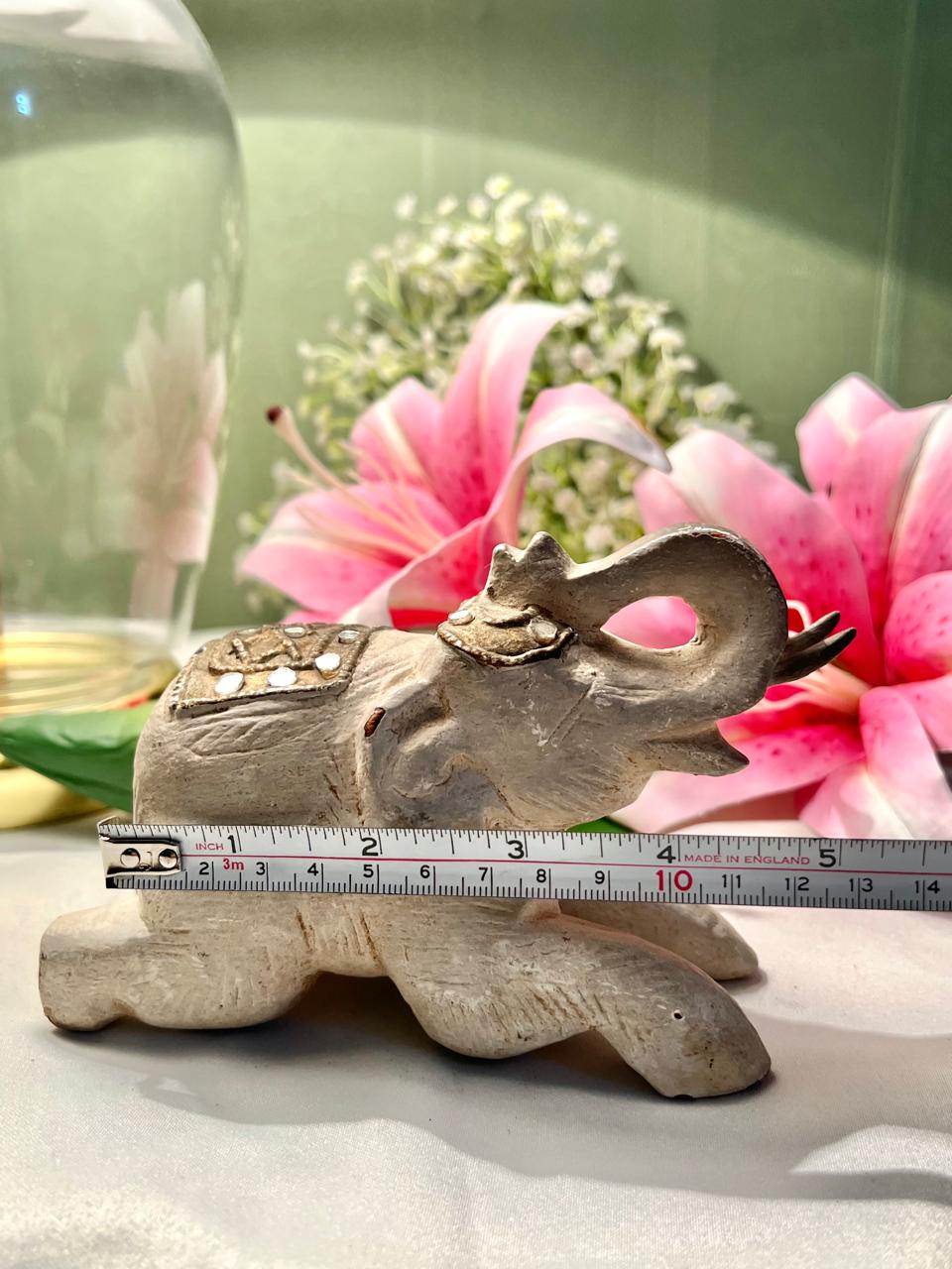 Vintage Rustic Elephant Figurine with Raised Trunk – 13 cm