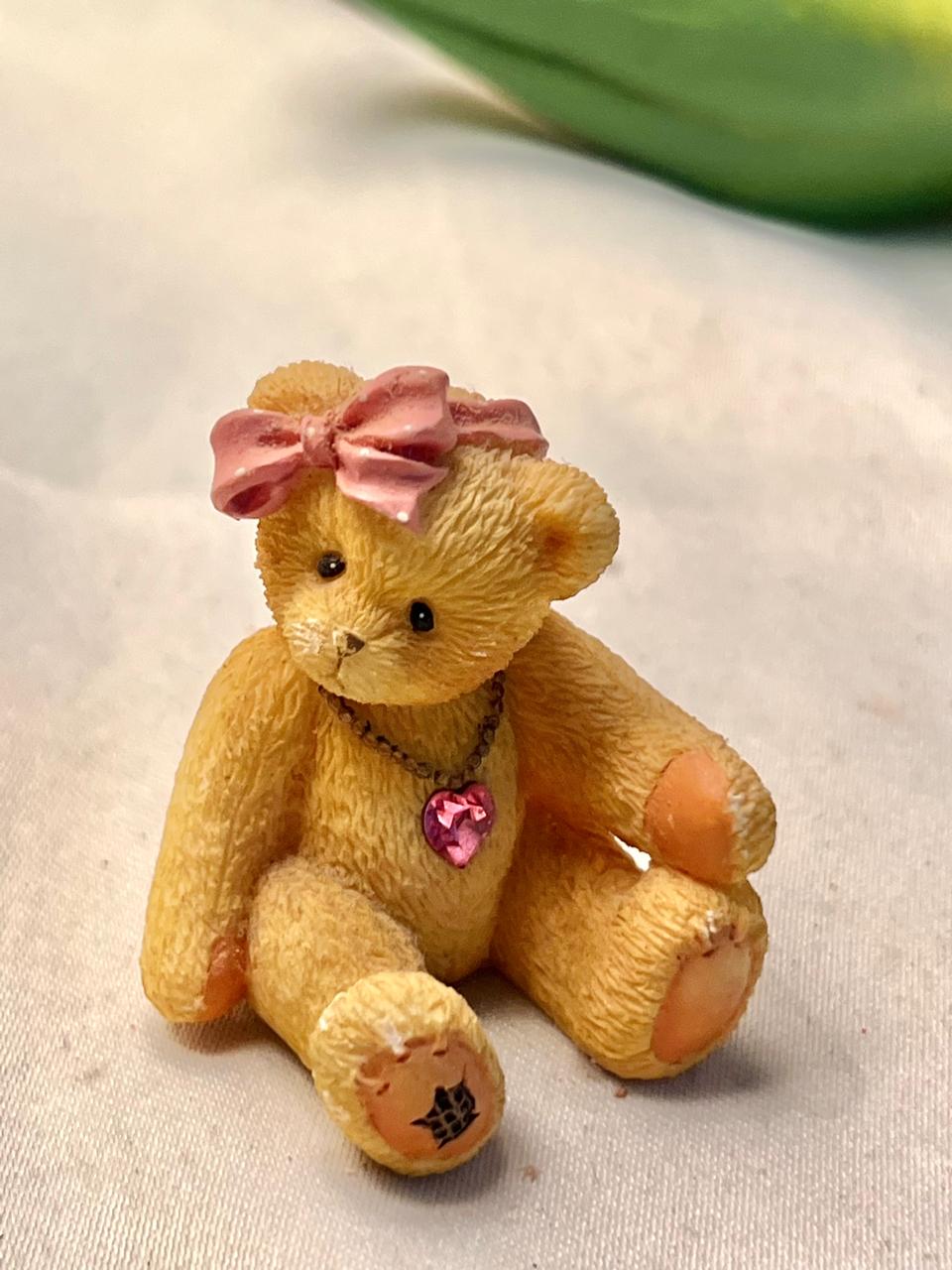 Vintage Miniature Teddy Bear Figurine Pink Bow 5 cm