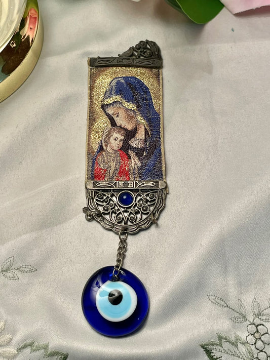 RARE FIND Religious Madonna & Child Bookmark with Blue Eye Charm, 8 in