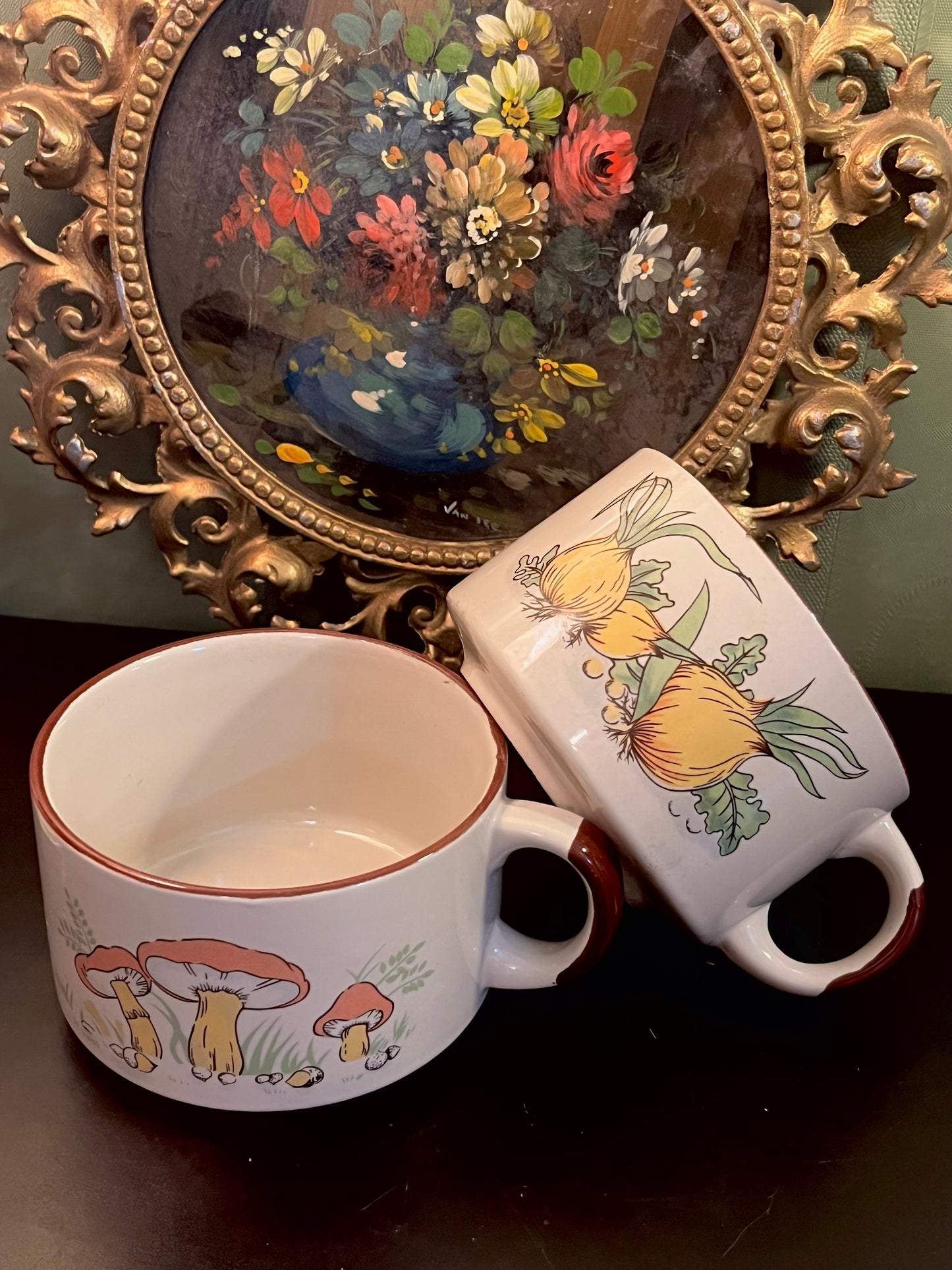 Vintage Ceramic Soup Mugs Set of 2 – Mushroom & Onion Botanical Design
