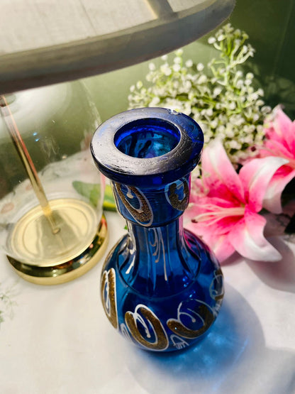 Vintage Cobalt Blue Crystal Vase Gold White Detail 23 cm