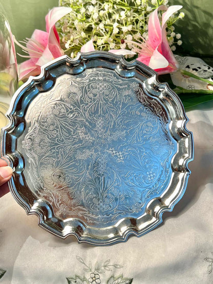 Queen Anne Silver Engraved Serving Tray Approx. 24 cm