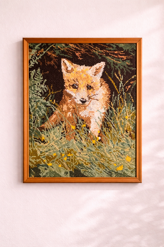 Vintage Large Fox Needlepoint Wall Art Framed Wildlife Decor