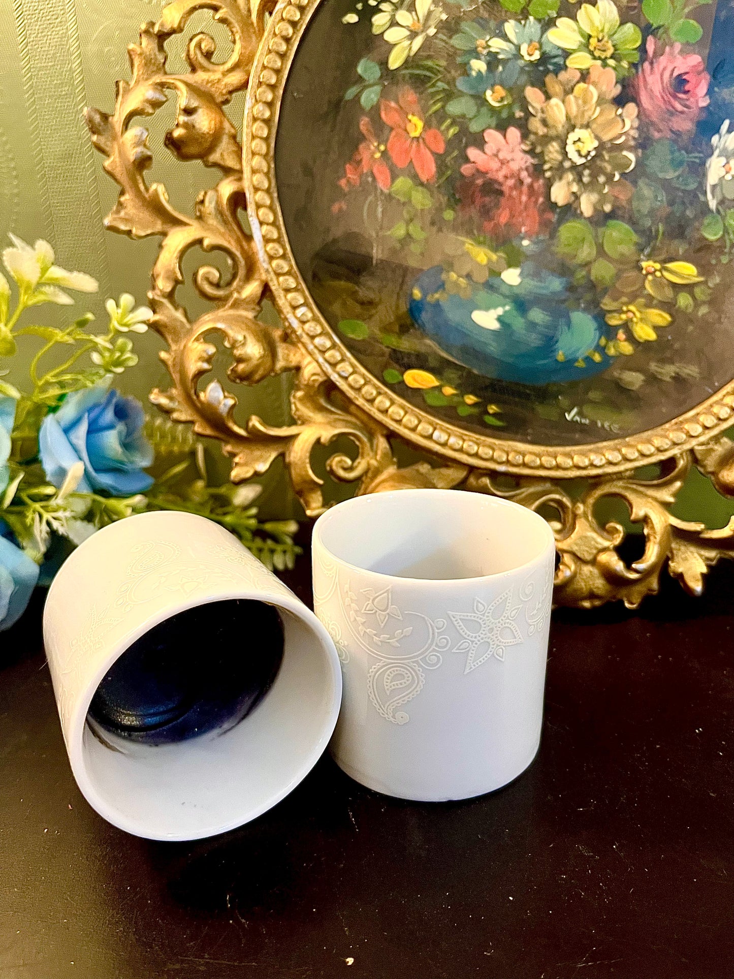 Pair of White Floral Ceramic Tealight Candle Holders