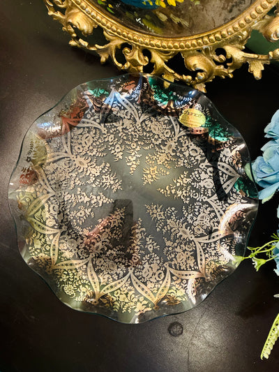 Vintage Crystal Glass Floral Platter 10 Inch Made in England