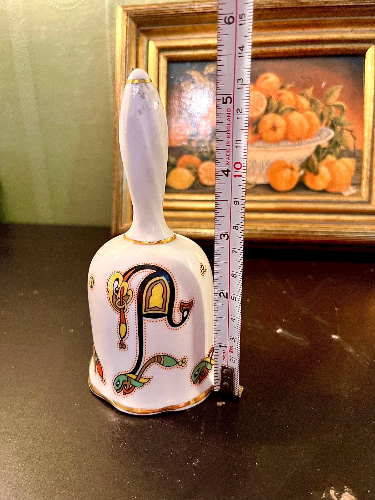 Vintage Ceramic Hand Bell – Colourful Abstract Folk Art Design