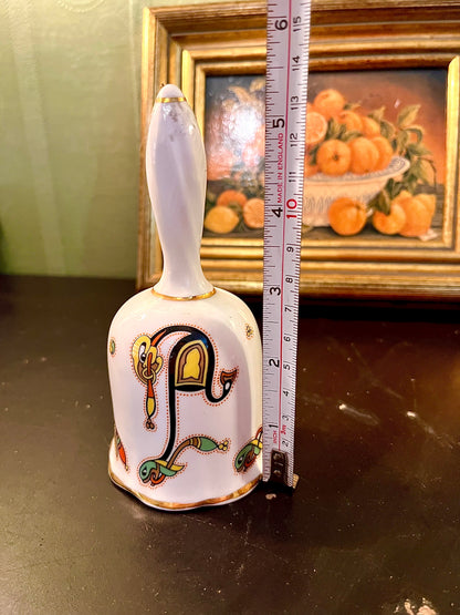 Vintage Ceramic Hand Bell – Colourful Abstract Folk Art Design