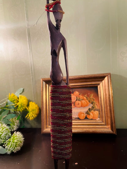 Vintage Beaded Wooden Woman Figurine – 39 cm