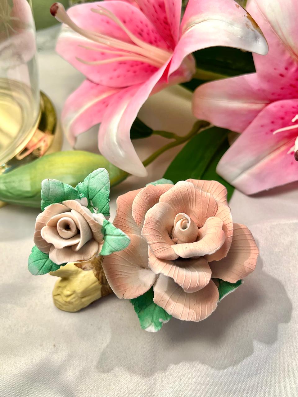 Vintage Ceramic Rose Flower Ornament Pink & Green 4 Inch