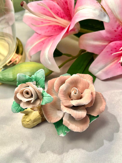 Vintage Ceramic Rose Flower Ornament Pink & Green 4 Inch