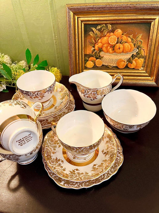 (Rare Find) 22kt Gold Fine Bone China Tea Set 14 Pieces Made in England