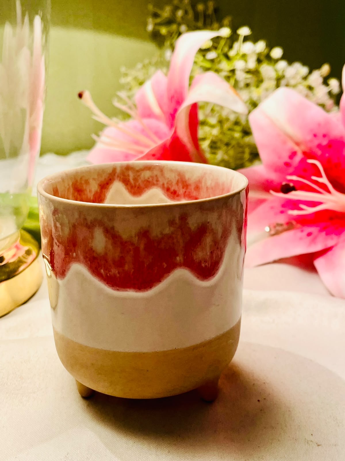 Scented Candle in Red & Cream Glazed Ceramic Pot 4 Inch