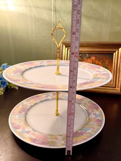 Vintage Floral Two-Tier Cake Stand – Porcelain Dessert Serving Tray with Gold Handle