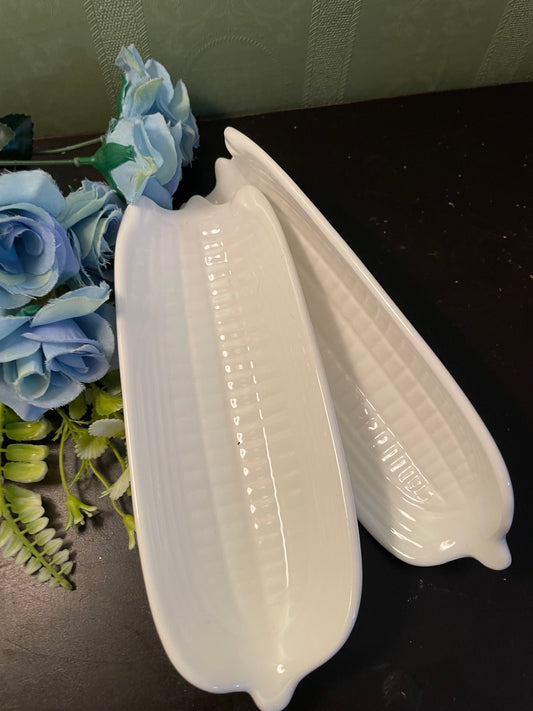 White Ceramic Corn Cob Serving Dishes Set Pair