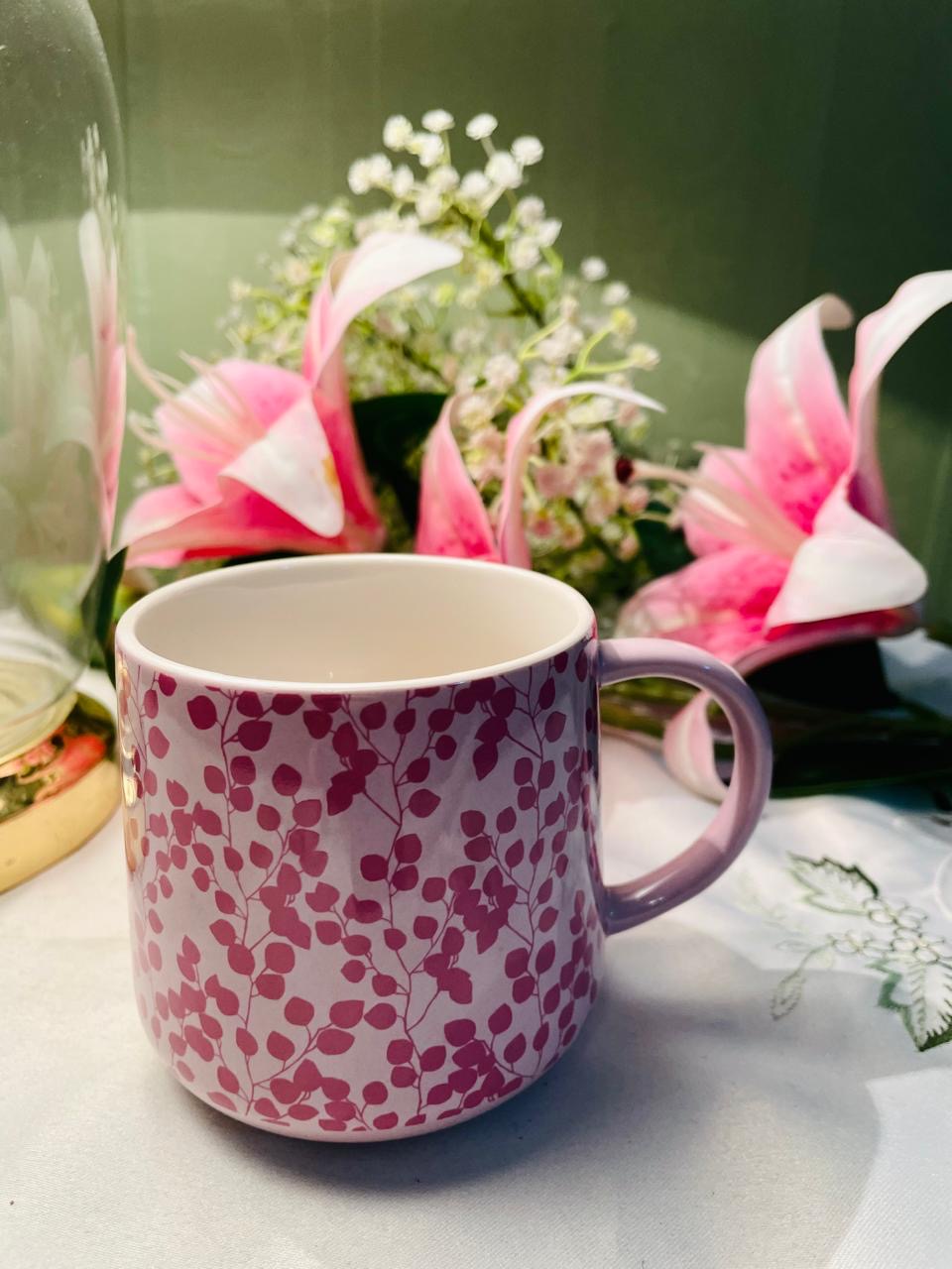 Pink Botanical Leaf Mug with Purple Handle 9 cm