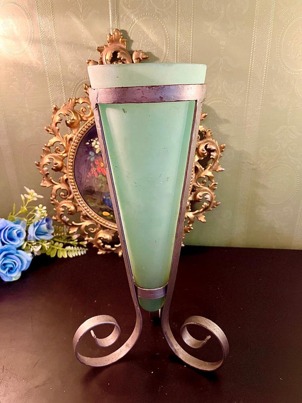 Mint Glass Vase with Scroll Metal Stand