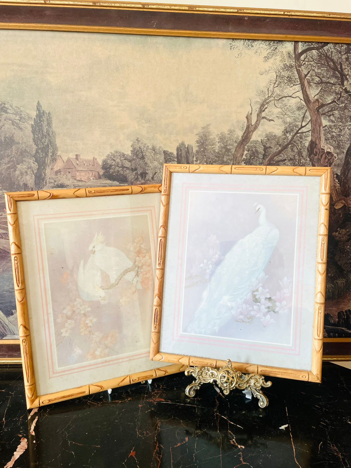 Pair of Vintage White Bird & Peacock Prints – Bamboo Style Frames (England)