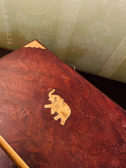Vintage Wooden Jewellery Case with Brass Elephant Inlay